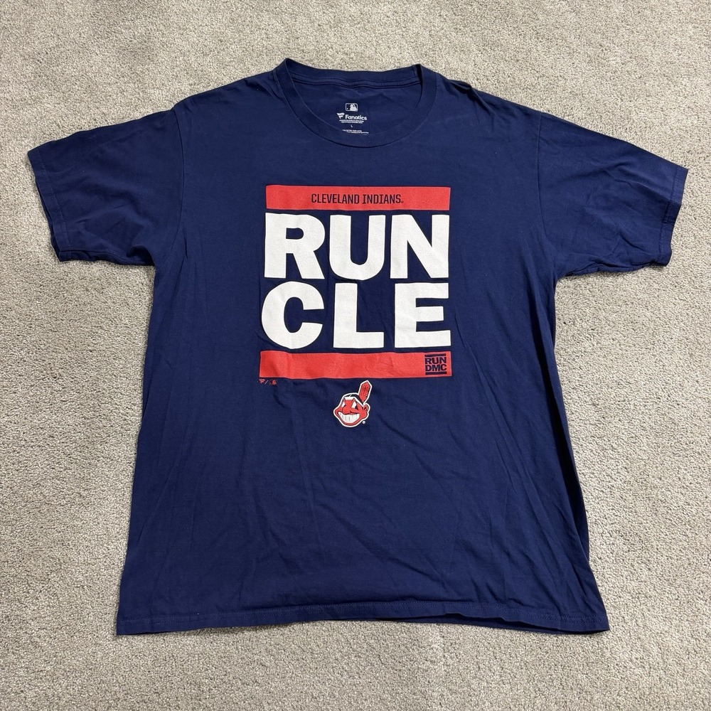 Fanatics Cleveland Indians T Shirt Mens Sz L Navy Blue Chief Wahoo Run CLE DMC